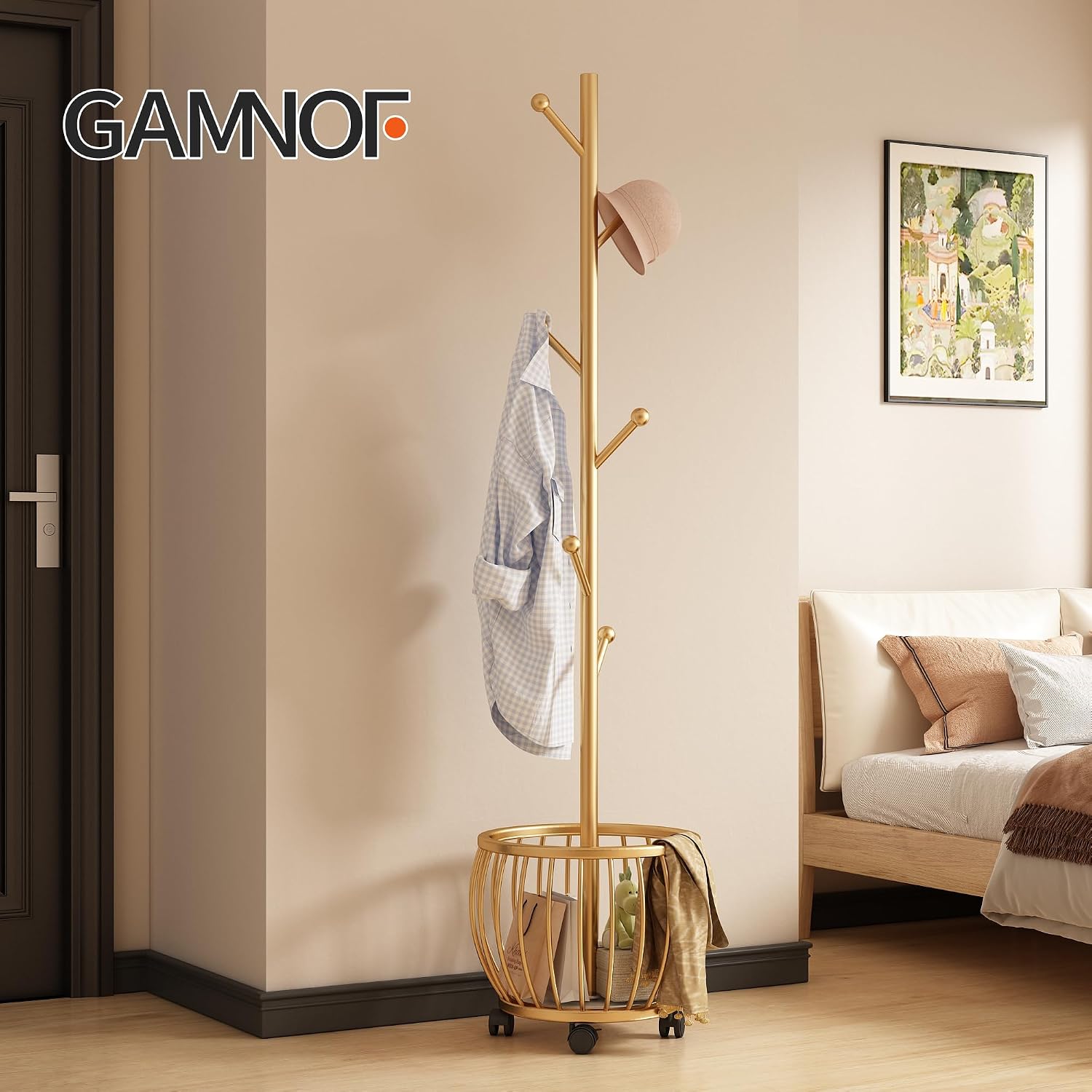 Coat Rack Freestanding Coat Stand with Basket 6 Hooks Wheels,Gold | Metal Coat Rack Stand Coat Tree for Home Entryway Bedroom Living Room Office Corner Modern Organizer for Scarf Jacket Hat Bag
