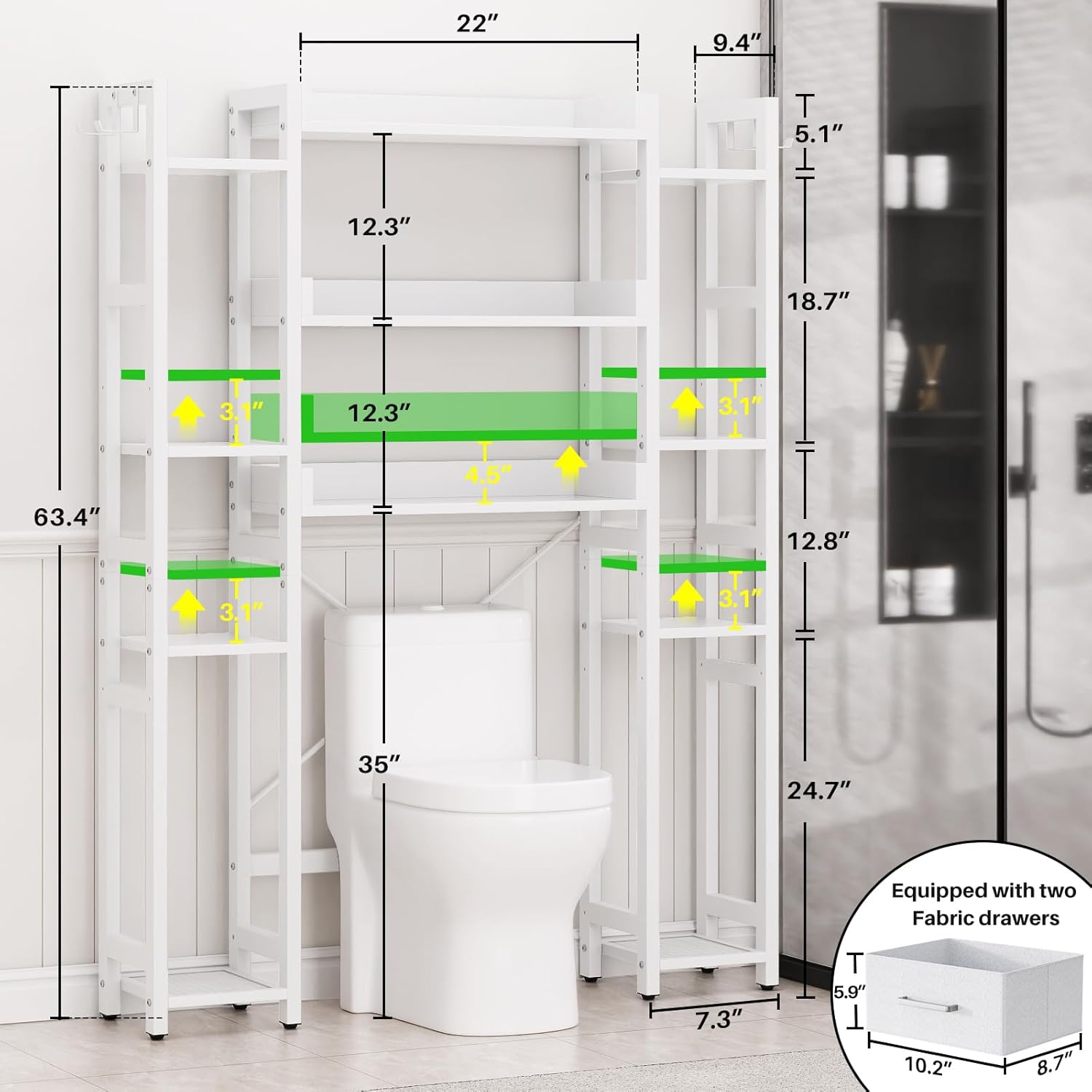 Over The Toilet Storage with 2 Drawers - 11 Tier Bathroom Organizer Freestanding Space Saver Storage Rack with Adjustable Shelf Above Toilet Stand with 4 Hooks for Restroom, Laundry, White