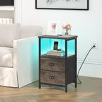 sthmec Nightstand with Charging Station, LED Night Stand Set of 2, Bedside Table End Table with Drawer, Bedroom Tables with 2 Fabric Drawers, 3-Tier Storage Side Table for Bedroom, Black Oak