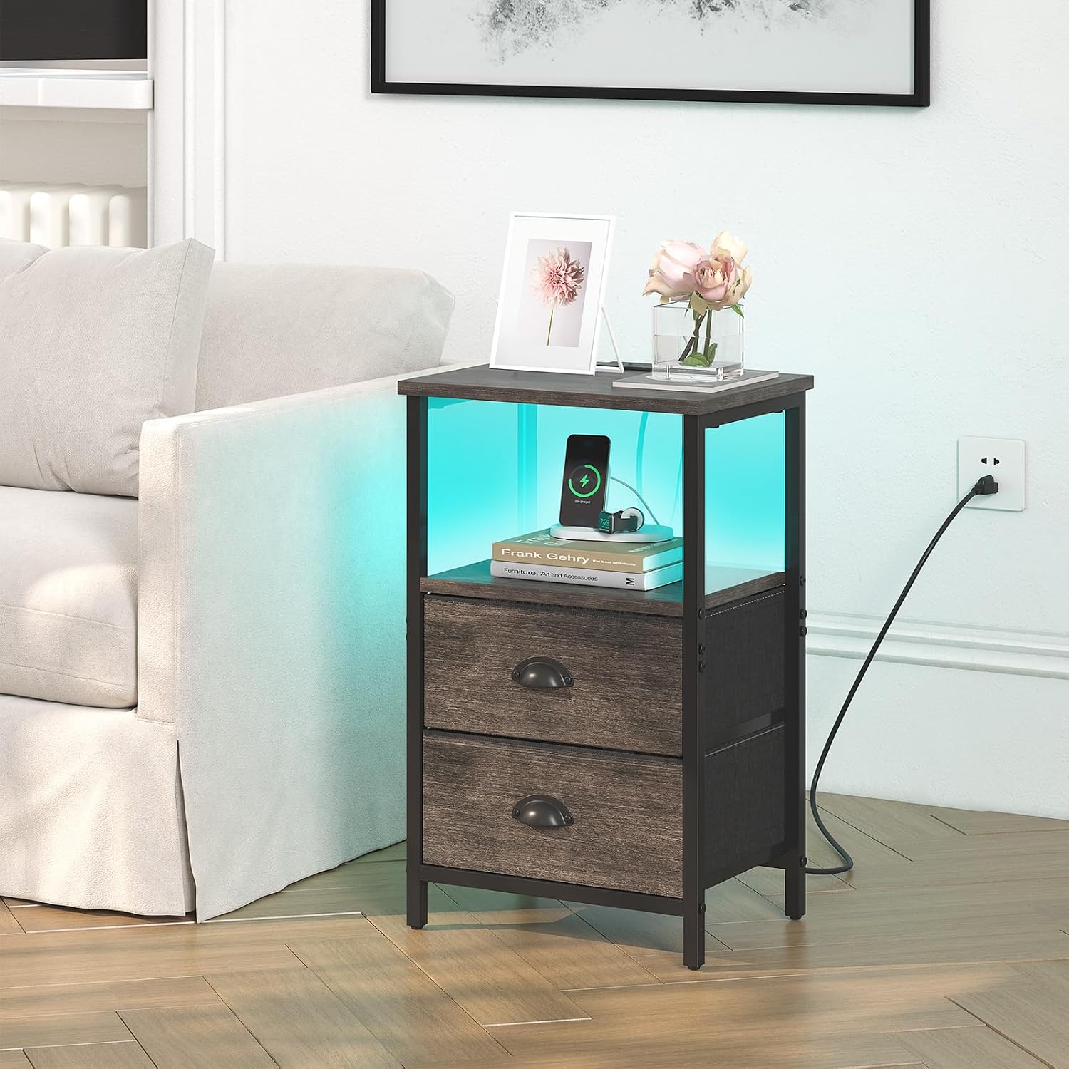sthmec Nightstand with Charging Station, LED Night Stand Set of 2, Bedside Table End Table with Drawer, Bedroom Tables with 2 Fabric Drawers, 3-Tier Storage Side Table for Bedroom, Black Oak