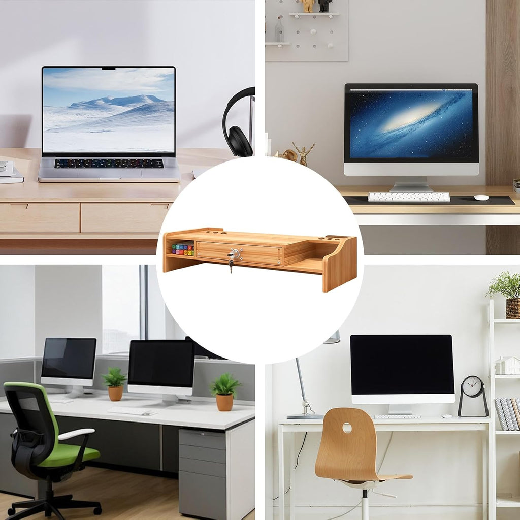 Desktop Computer Elevated Stand 48.8x20x10.5cm, Wooden Monitor Riser with Drawer, Organizer Shelf for Laptop, Printer, PC, TV Screen, Home, Dorm, Office
