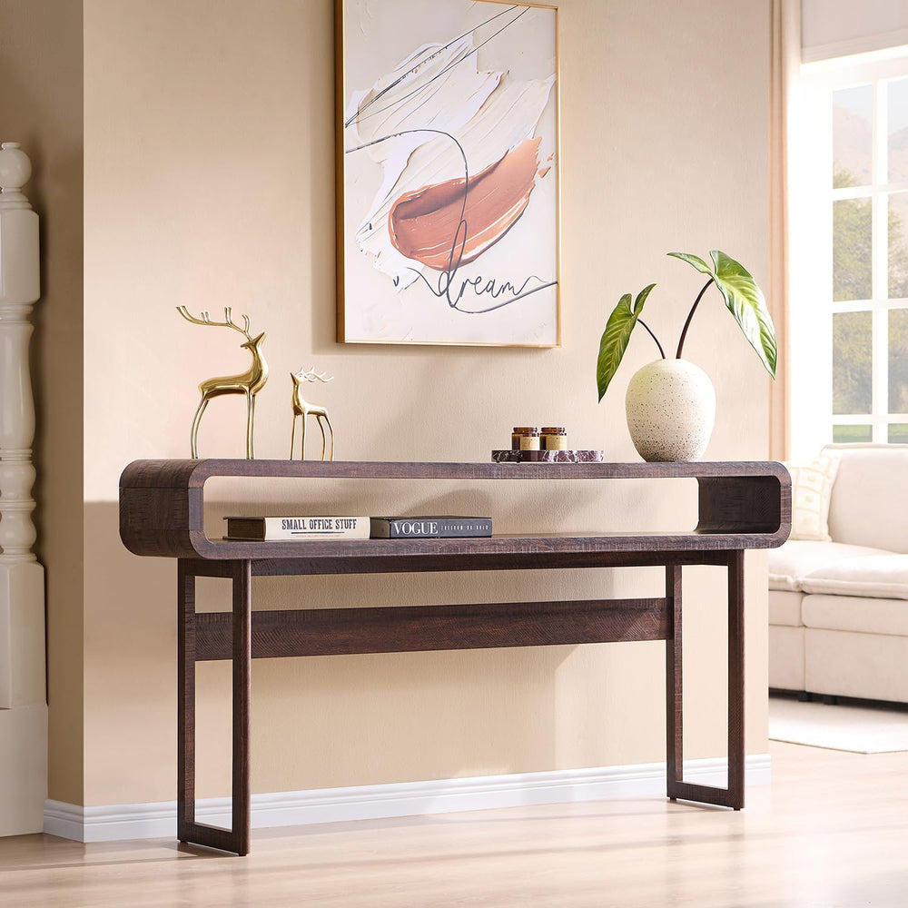 IFGET 63-Inch Long Console Table, Modern Curved Entryway Table, Dark Walnut |...
