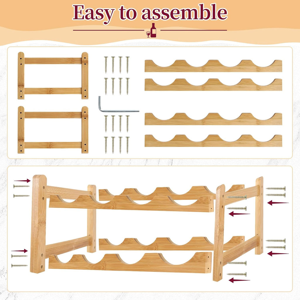 2 Pack Wine Racks, 2-Tire Bamboo Wine Rack, Wine Rack for Inside Cabinet 16 Bottles Wine Storage Holder Liquor Bottle Display Shelf Suitable for Bar,Home,Kitchen,Cellar Basement,Restaurant