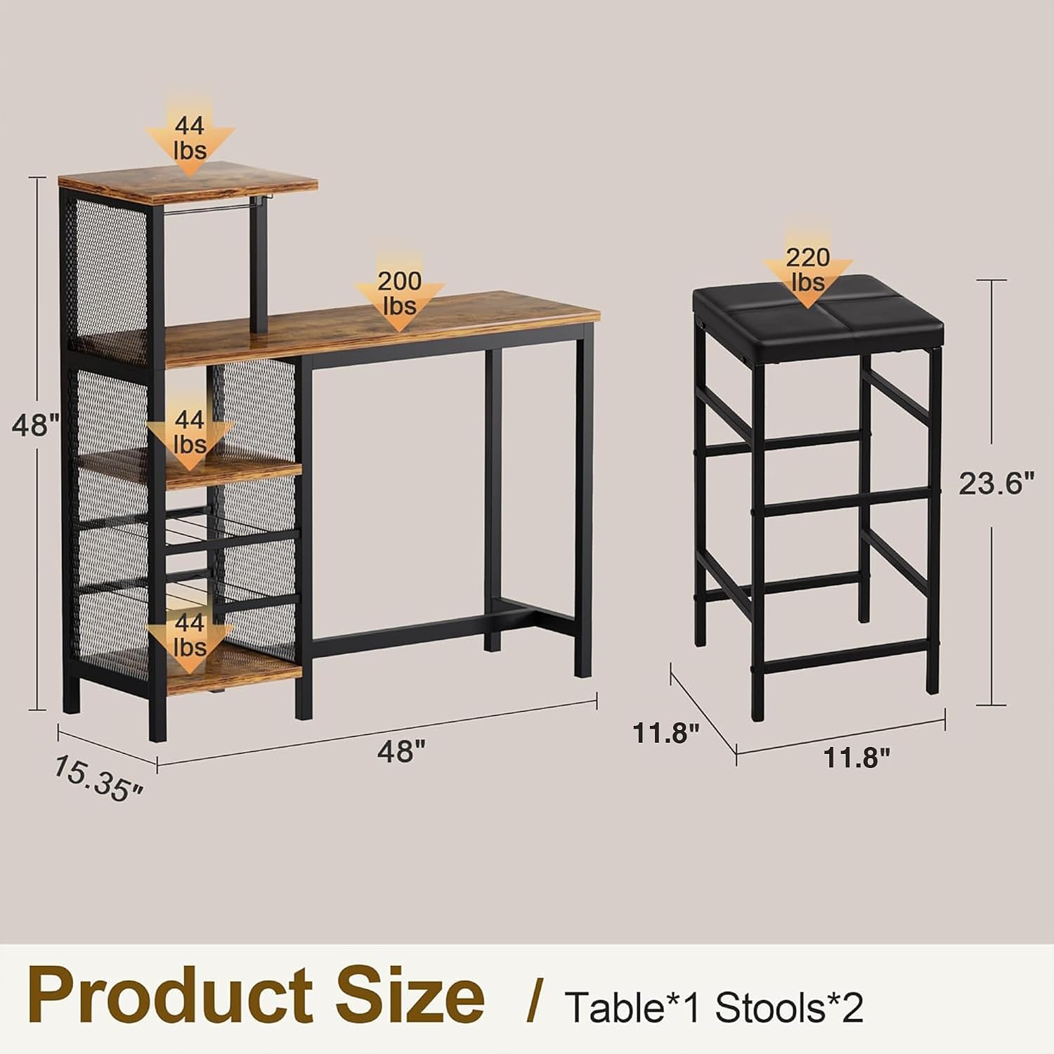 VECELO Bar Table and Chairs Set for 2, 3-Piece Dining Set with Storage Shelves, Cup Holder & Wine Rack, PU Leather Cushion Stools, for Kitchen Small Space, Brown