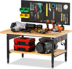 60“ Adjustable Height Workbench Work Bench for Garage Work Table with Under Table Shelf Heavy Duty Rubber Wood Top for Shop Woodworking, Office, Home, Commercial