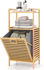 GOFLAME Tilt-out Laundry Hamper with 2-Tier Shelves, Bamboo Laundry Baskets Organizer with Removable & Foldable Fabric Liner, Bathroom Storage Shelf Cabinet for Laundry Room, Bedroom