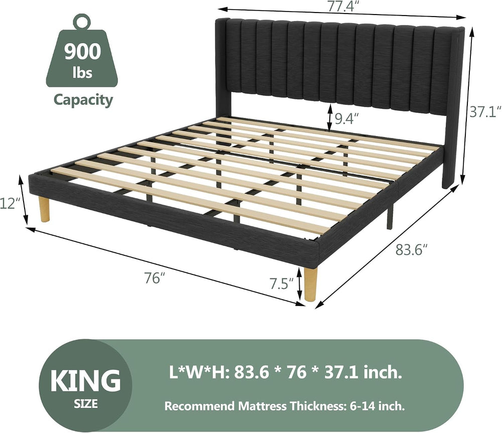 alazyhome King Bed Frame with Linen Upholstered Headboard, Black