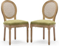 Rattan Back Upholstered Dining Chairs Set of 2 French Country Oval Kitchen Side Chairs with Wood Legs for Dining Room, Kitchen, Restaurant(Olive Green-Rattan)