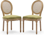 Rattan Back Upholstered Dining Chairs Set of 2 French Country Oval Kitchen Side Chairs with Wood Legs for Dining Room, Kitchen, Restaurant(Olive Green-Rattan)