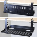 AEONS Universal Under Desk Cable Management Tray-Clamp Mount Hinged Swing Modesty Panel Organizer for Office Desks, Easy Access Flip-Down Position Power Strip Cord Storage No-Drill, 25 lb Capacity