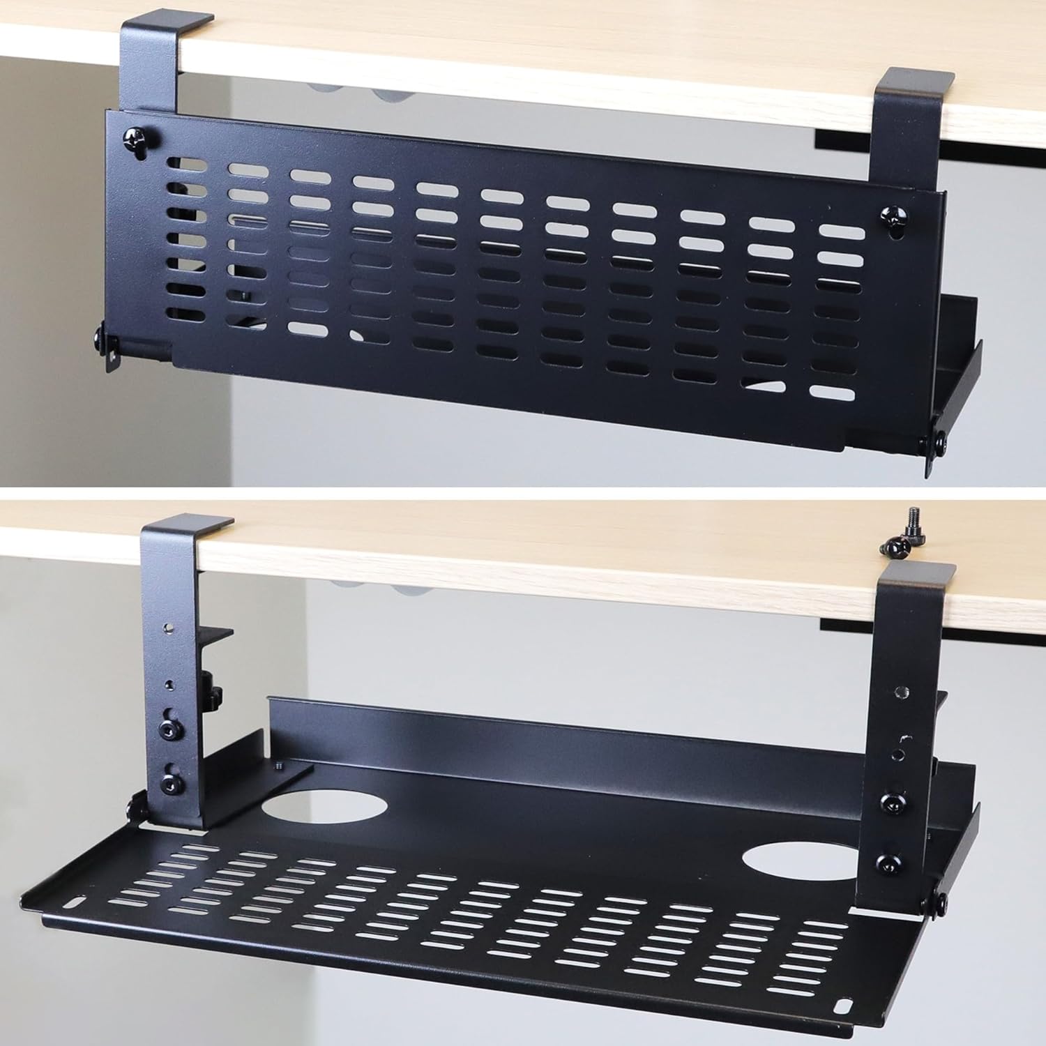 AEONS Universal Under Desk Cable Management Tray-Clamp Mount Hinged Swing Modesty Panel Organizer for Office Desks, Easy Access Flip-Down Position Power Strip Cord Storage No-Drill, 25 lb Capacity