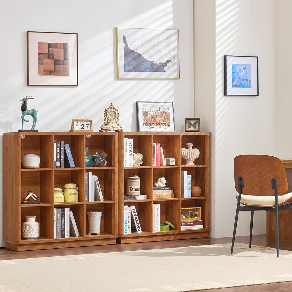 9 Cube Storage Book Shelf, 41" Tall Organizer Bookshelf with Curved Edge, Wood Floor Standing 3-Tier Cubby Bookcase with Base, Country Rustic Display Book Case for Library, Office, Brown