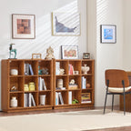 9 Cube Storage Book Shelf, 41" Tall Organizer Bookshelf with Curved Edge, Wood Floor Standing 3-Tier Cubby Bookcase with Base, Country Rustic Display Book Case for Library, Office, Brown