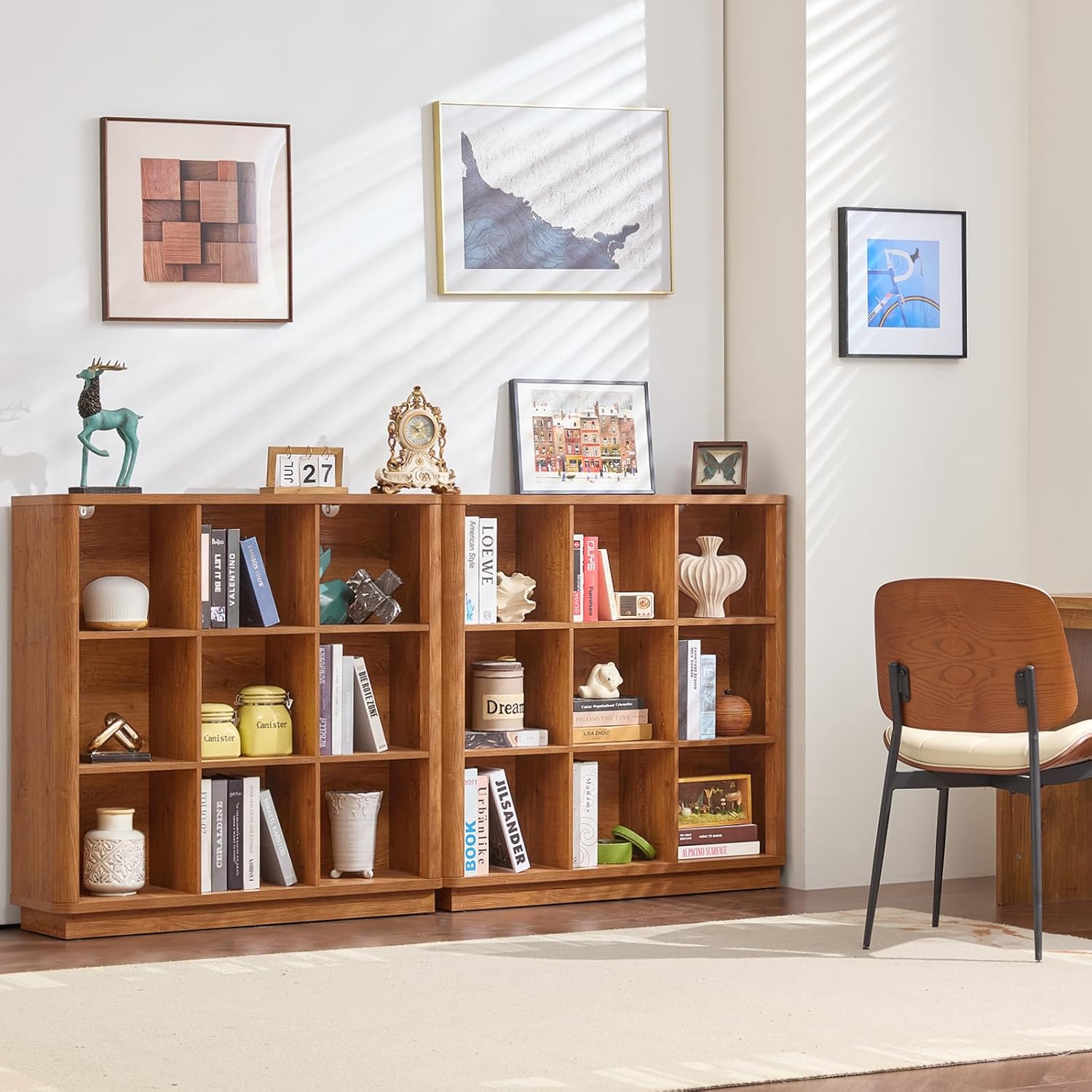 9 Cube Storage Book Shelf, 41" Tall Organizer Bookshelf with Curved Edge, Wood Floor Standing 3-Tier Cubby Bookcase with Base, Country Rustic Display Book Case for Library, Office, Brown