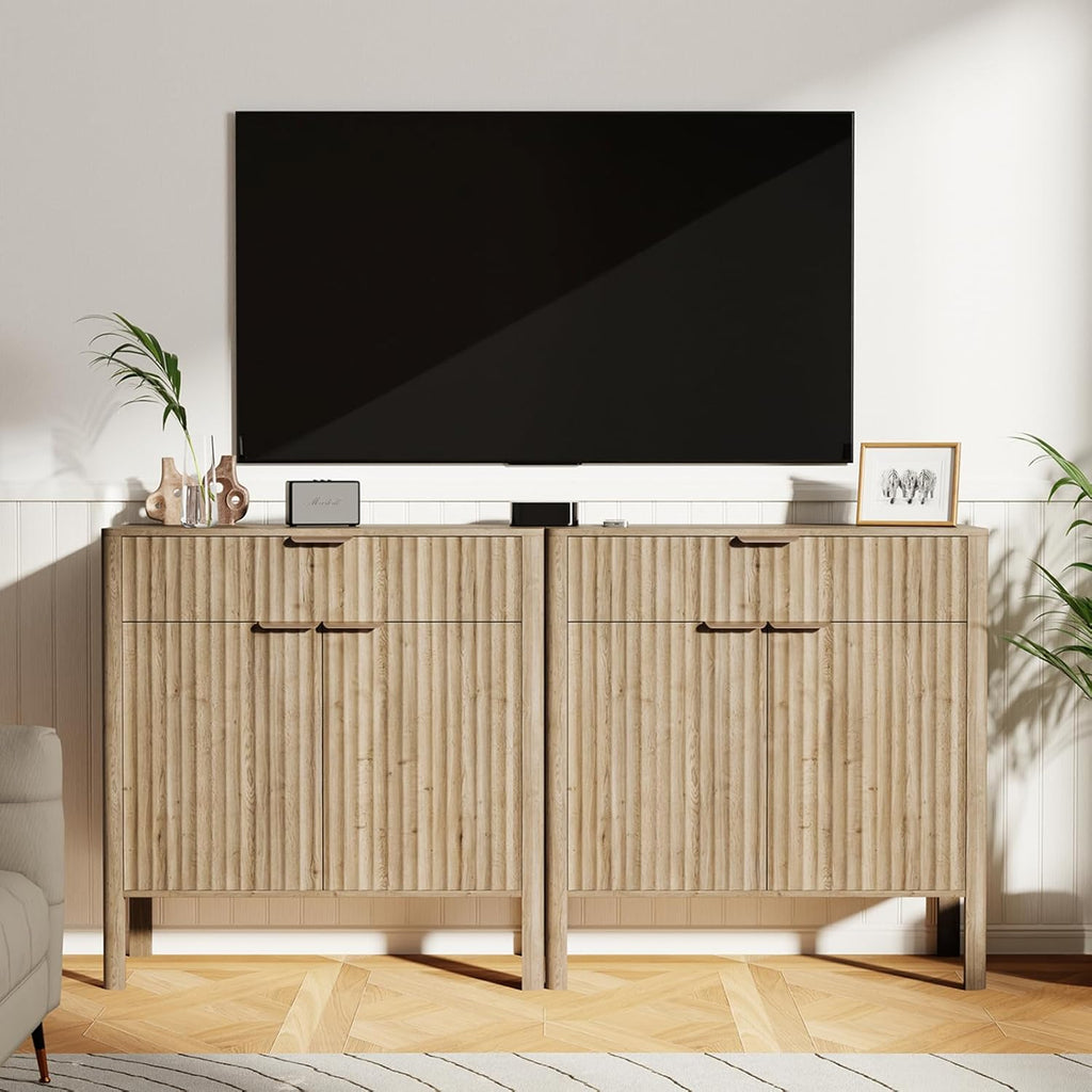 Fluted Buffet Cabinet Accent with Doors & Drawer 31" Oak | Anti-tipping Design, Scratch & Water-resistant, Pre-drilled Easy Assembly Versatile for Kitchen, Entryway & Living Room