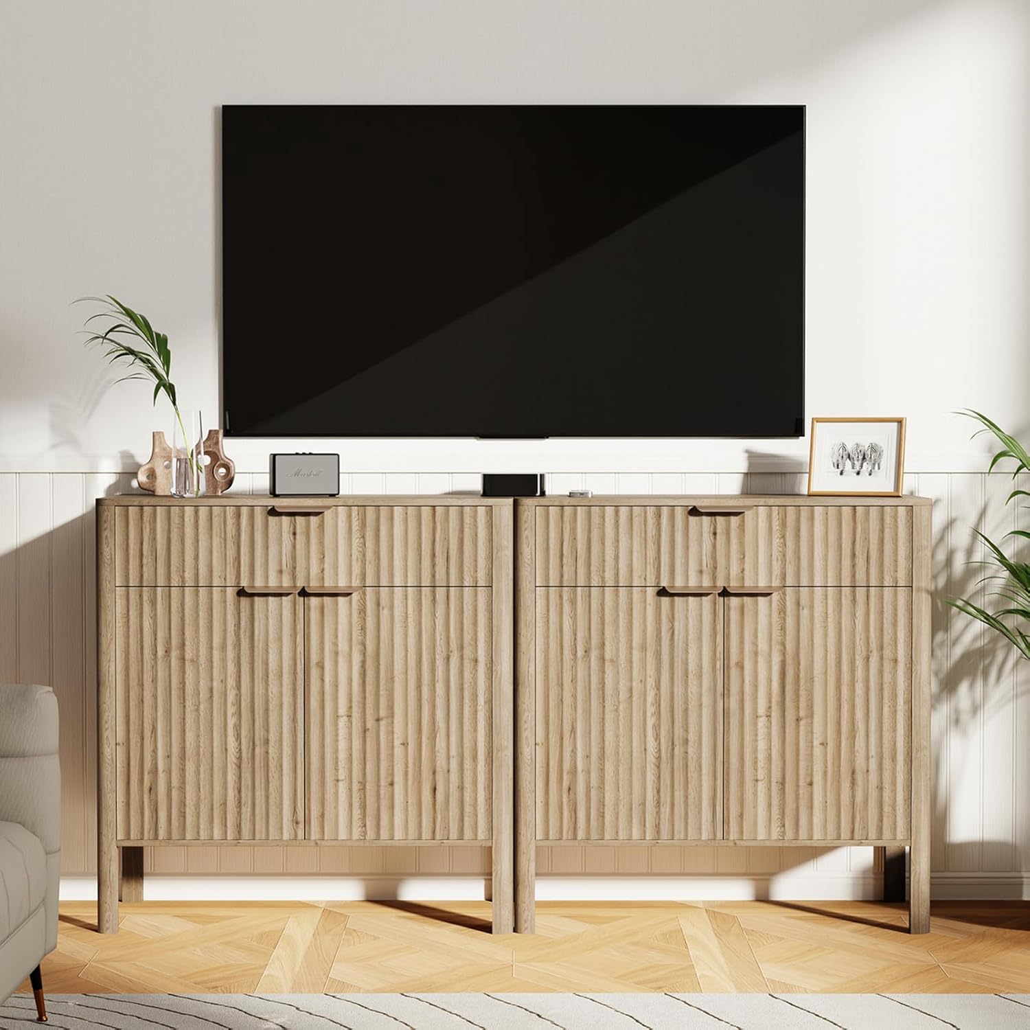 Fluted Buffet Cabinet Accent with Doors & Drawer 31" Oak | Anti-tipping Design, Scratch & Water-resistant, Pre-drilled Easy Assembly Versatile for Kitchen, Entryway & Living Room