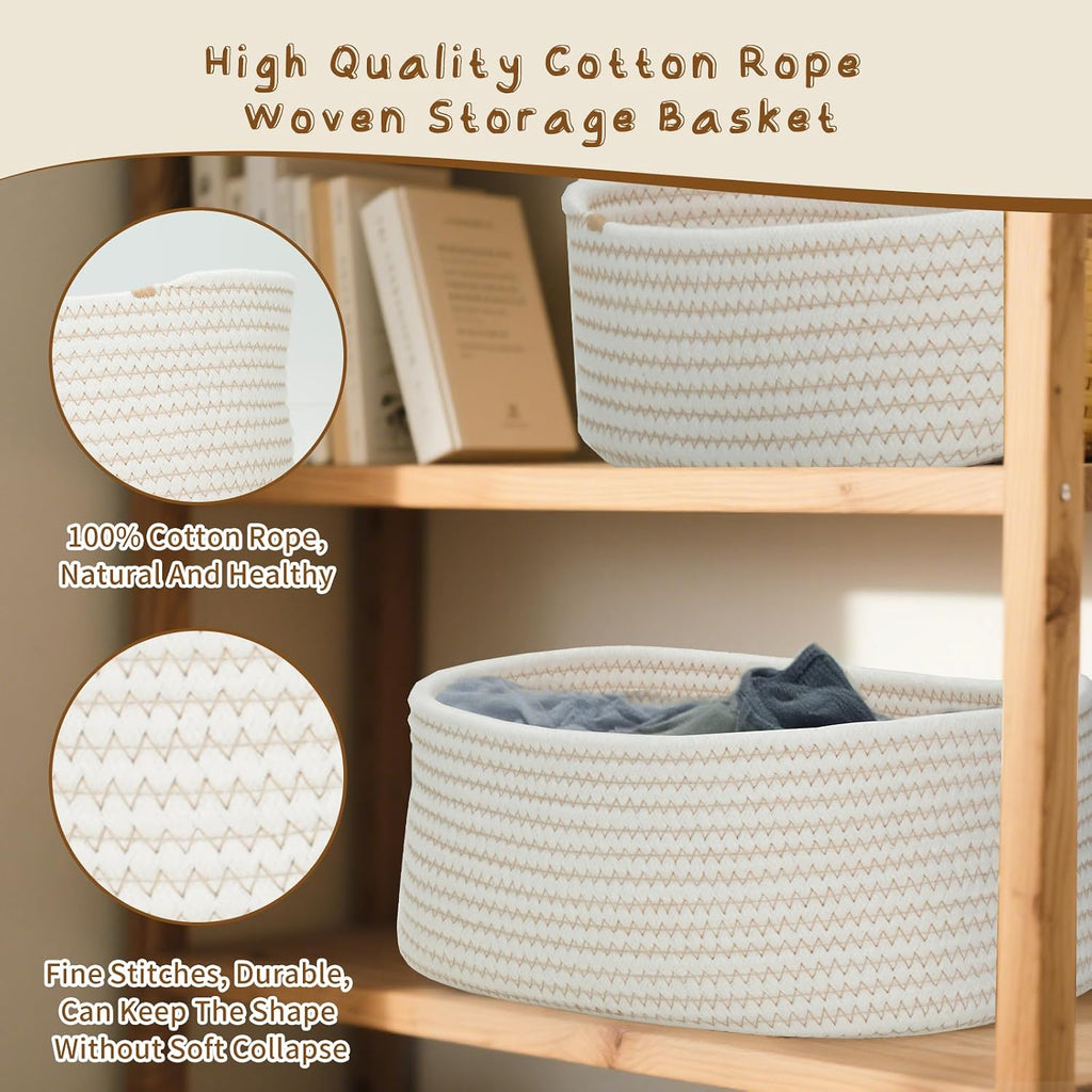 Cozary Storage Basket Set (Small Sizes) - Handmade Multifunctional Cotton Baskets, Organiser for Bathroom, Kitchen, Children's Room - Braided & Stackable, 3-Piece