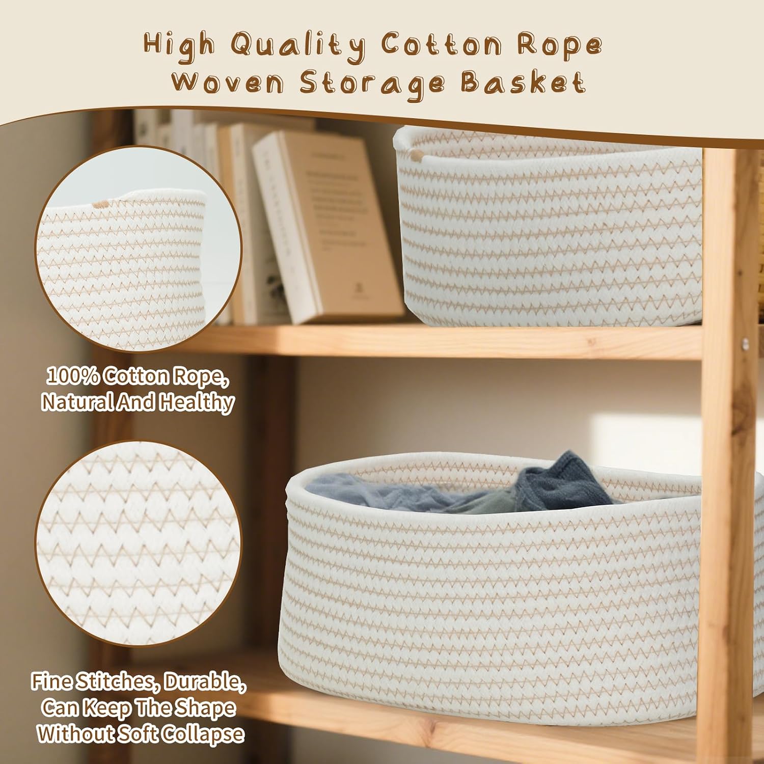 Cozary Storage Basket Set (Small Sizes) - Handmade Multifunctional Cotton Baskets, Organiser for Bathroom, Kitchen, Children's Room - Braided & Stackable, 3-Piece