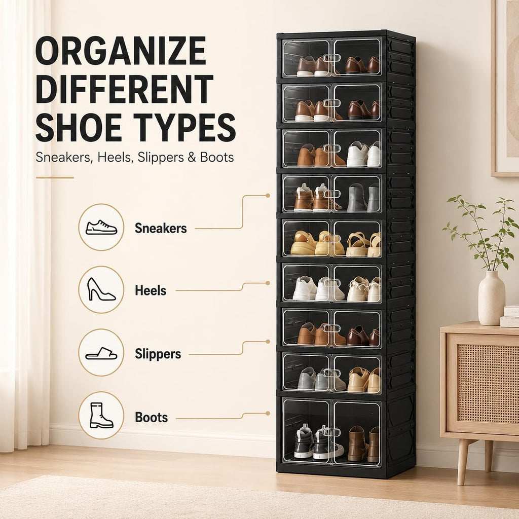 UFORU 9-Tier Black Foldable Shoe Rack,18-Pair Organizer with Magnetic Doors | Dustproof Enclosed Storage with Clear Magnetic Doors,Easy to Assemble for Closets,Entryways,Bedrooms ,Large Boxes