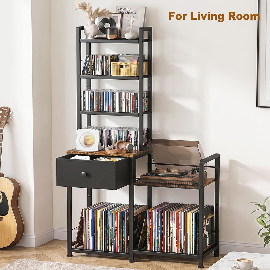 ikkle CD Rack with Drawer, 7-Tier DVD Organizer Shelf with Vinyl Storage | Media Storage Rack for CDs/DVDs, Vinyl Records, Books & Games, Ideal for Living Room & Home Office, 32.1x11.8x57.2 in, Brown