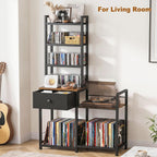 ikkle CD Rack with Drawer, 7-Tier DVD Organizer Shelf with Vinyl Storage | Media Storage Rack for CDs/DVDs, Vinyl Records, Books & Games, Ideal for Living Room & Home Office, 32.1x11.8x57.2 in, Brown