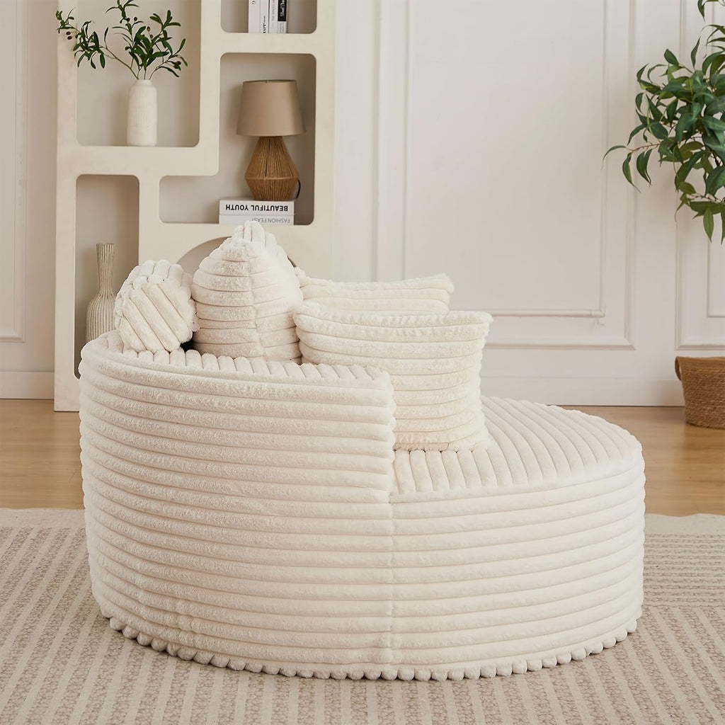 50'' Oversized Round Chaise Longue Chair, Upholstered Corduroy Single Cloud Circle Sofa Chair Comfy Deep Seat Boneless Couch Bed No Assembly Required for Living Room, Bedroom Apartment, Beige
