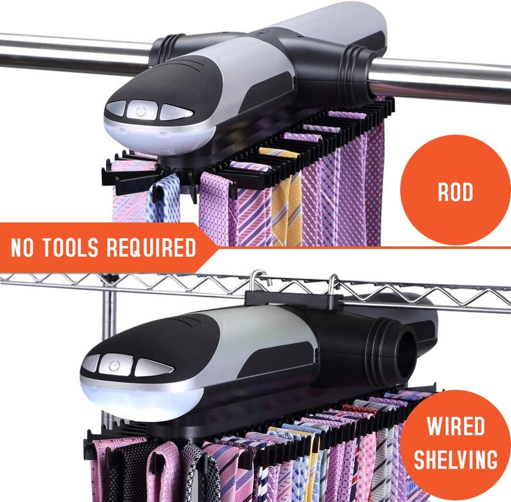 Motorized Tie Rack Closet Organizer with LED Lights Includes J Hooks for Wired Shelving Stores Up to 72 Ties & 8 Belts Operates with Batteries