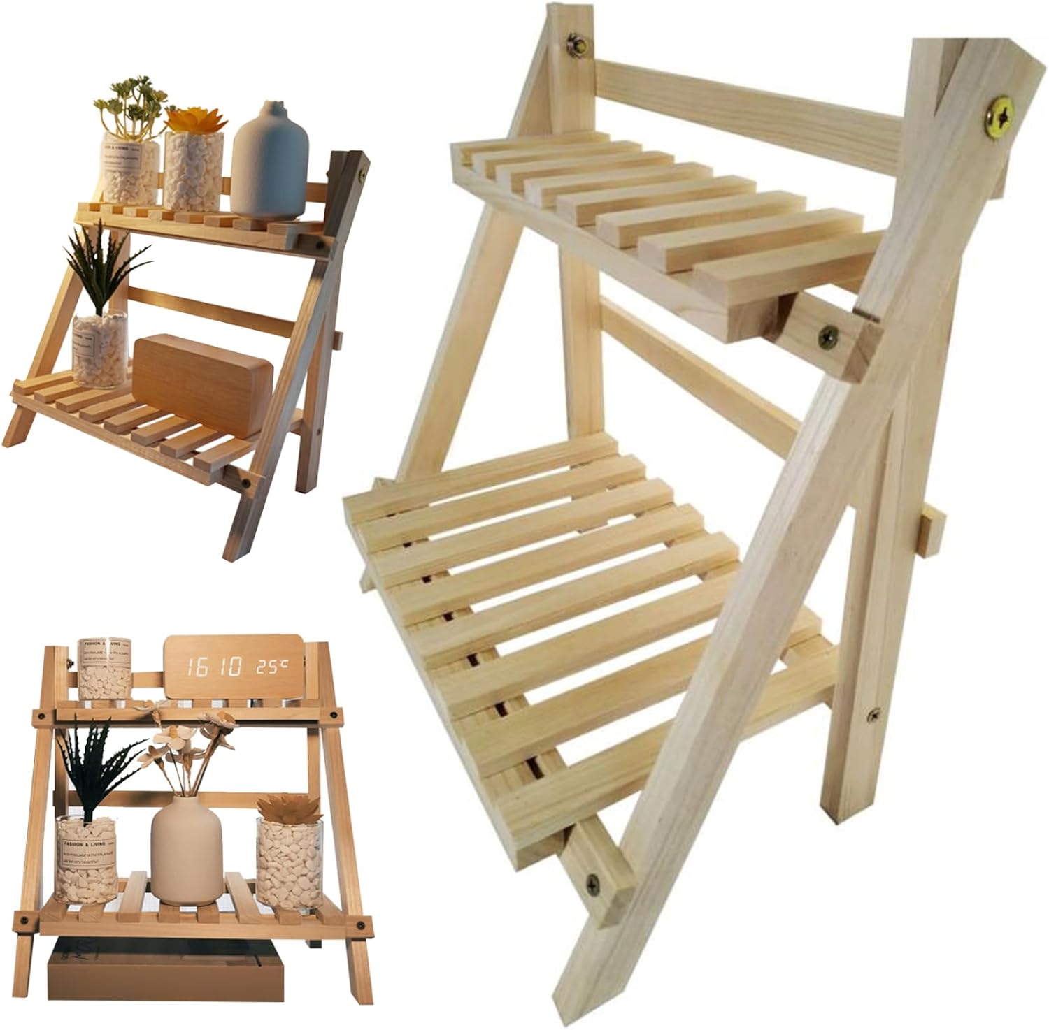 2 Tier Wooden Ladder Shelf for Table Shelf Unit 34x18x35cm Foldable Standing Simple Style Trapezoidal Flower Ladder Stand for Garden Living Room Bedroom