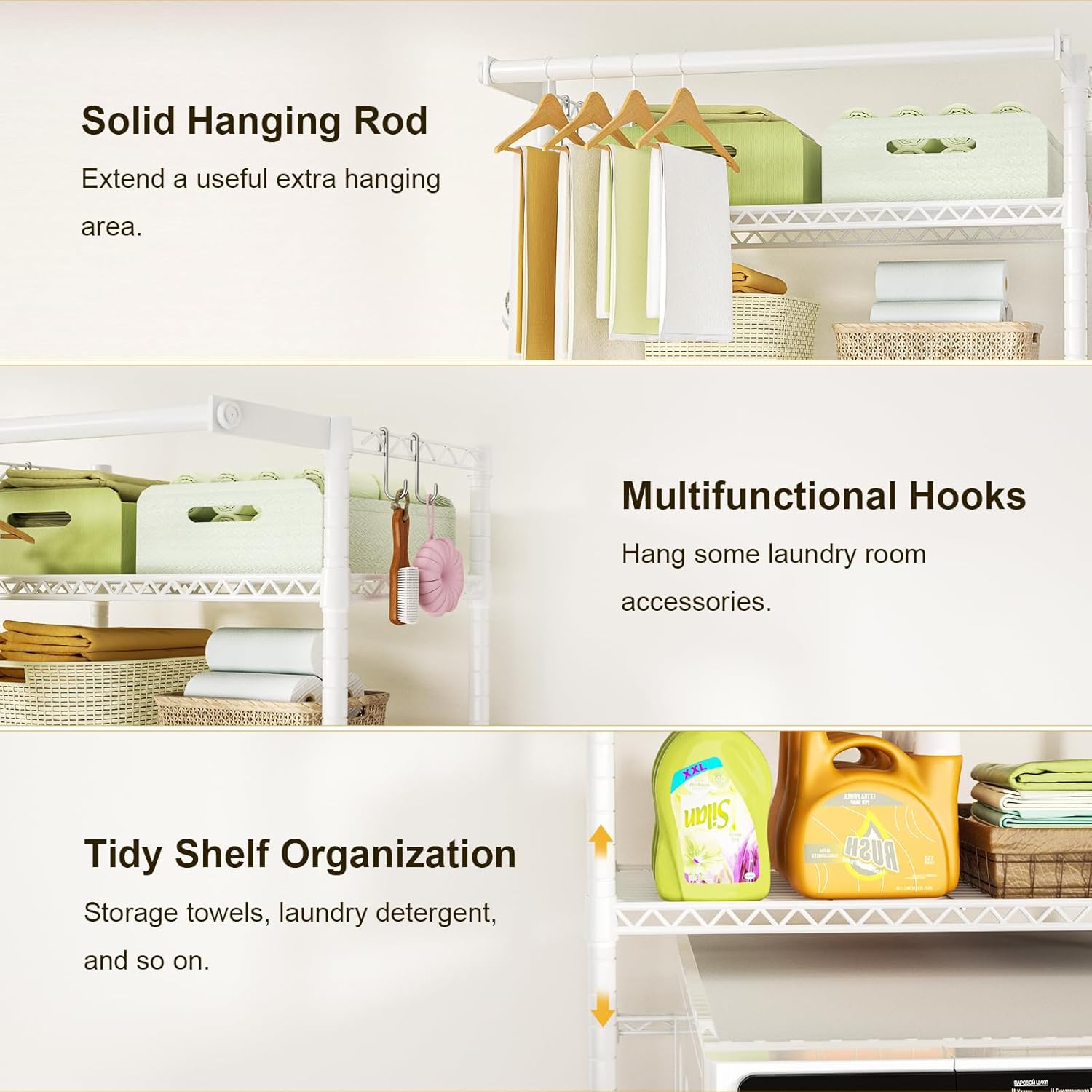 Ulif U11 Over Washer and Dryer Shelves, 3 Tiers Laundry Room Storage and Organizer Standing Shelf, Metal Freestanding Clothes Drying Rack, 33.9" W x 19.7" D x 77.6" H, White