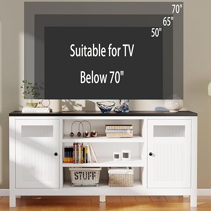 White Tv Stands for Living Room: 63 Inch Tv Cabinet for Tvs Up to 75 Inch, Tall Entertainment Center with Storage, Modern Fluted Media Console for 60 65 70 75 Inches Television (White)