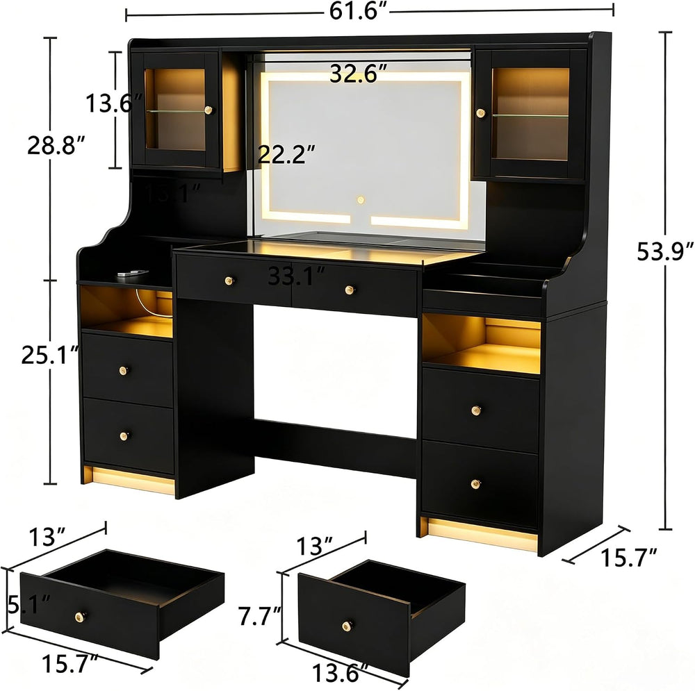 wanan 62" Large Black Vanity Desk with Glass Top, Makeup Vanity with Mir...