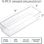 STORi SimpleSort 6-Piece Stackable Clear Drawer Organizer Set | 9" x 3" x 2" Rectangle Trays | Narrow Makeup Vanity Storage Bins and Office Desk Drawer Dividers | Made in USA