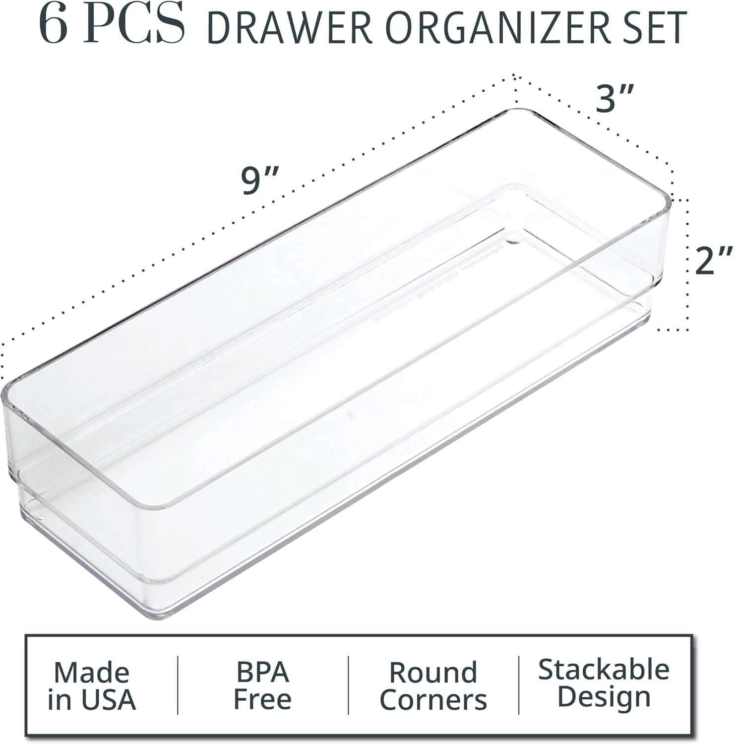STORi SimpleSort 6-Piece Stackable Clear Drawer Organizer Set | 9" x 3" x 2" Rectangle Trays | Narrow Makeup Vanity Storage Bins and Office Desk Drawer Dividers | Made in USA