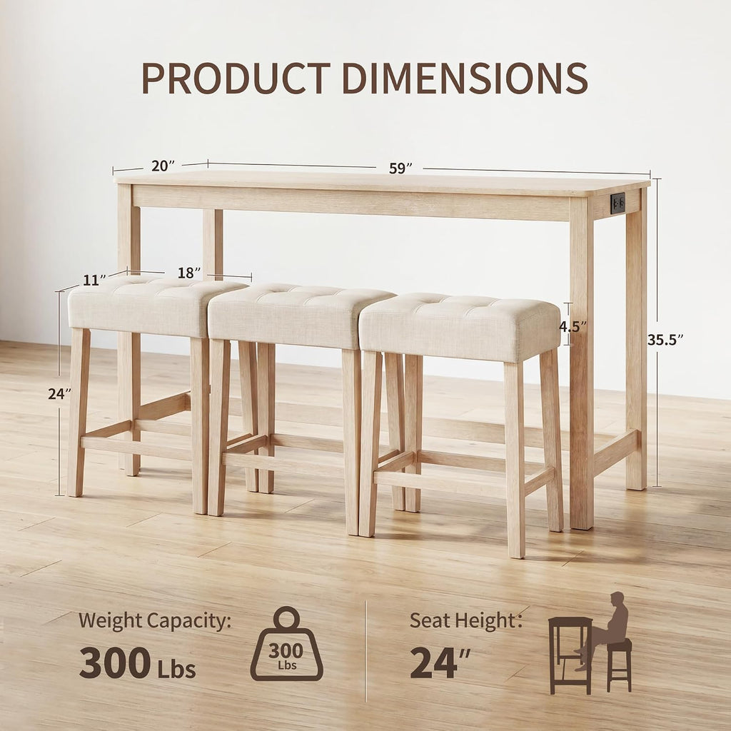 DUHOME 4 Piece Bar Table Set with Power Outlet，Dining Table Set | Industrial Breakfast Table with 3 Padded Stools Solid Wood Counter Height Bar Set for Living Room, Dining Room Natural