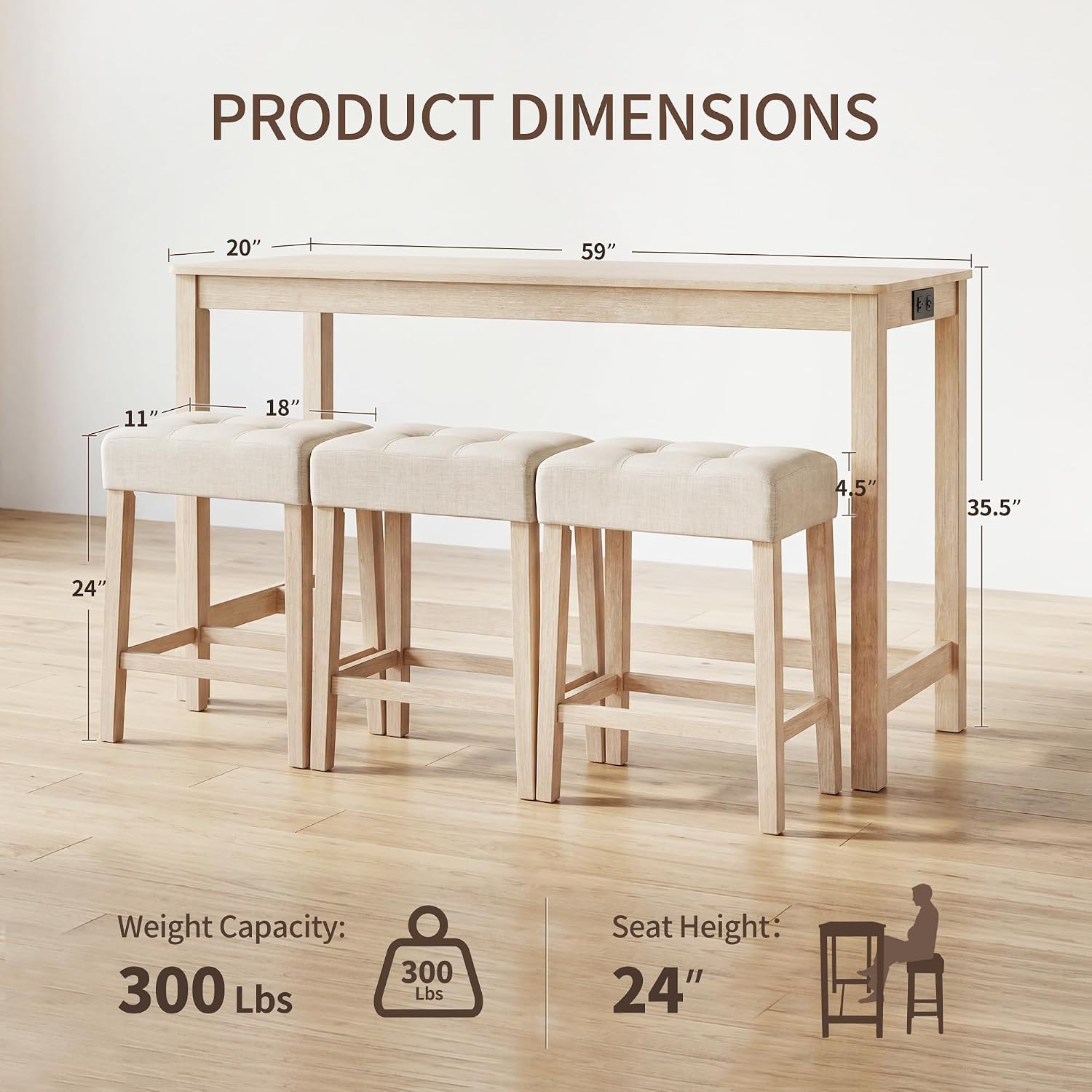 DUHOME 4 Piece Bar Table Set with Power Outlet，Dining Table Set | Industrial Breakfast Table with 3 Padded Stools Solid Wood Counter Height Bar Set for Living Room, Dining Room Natural