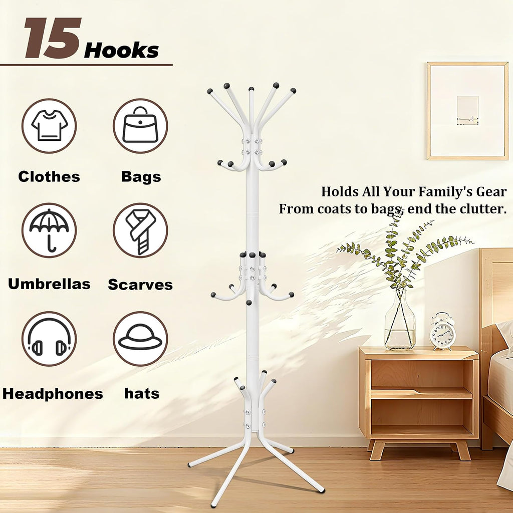 Metal Coat Rack, Freestanding Coat Tree & Hall Tree with 15 Hooks, Sturdy Coat Rack Stand and Hat Rack, Coat Hanger for Entryway, Bedroom, Office for Jackets, Hats, Bags,White