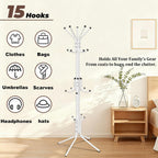 Metal Coat Rack, Freestanding Coat Tree & Hall Tree with 15 Hooks, Sturdy Coat Rack Stand and Hat Rack, Coat Hanger for Entryway, Bedroom, Office for Jackets, Hats, Bags,White