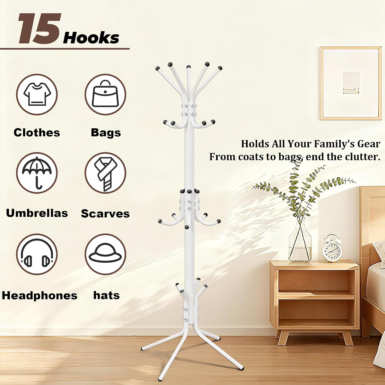 Metal Coat Rack, Freestanding Coat Tree & Hall Tree with 15 Hooks, Sturdy Coat Rack Stand and Hat Rack, Coat Hanger for Entryway, Bedroom, Office for Jackets, Hats, Bags,White
