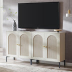 Modern TV Stands for 75 Inch TVs, 61.75‬"W Wood Entertainment Center w/Adjustable Shelves, Mid Century Modern TV Stand w/Arched Fluted Doors, Media Console Cabinet for Living Room, Cream