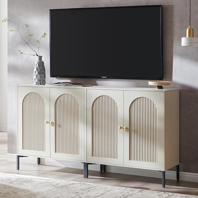 Modern TV Stands for 75 Inch TVs, 61.75‬"W Wood Entertainment Center w/Adjustable Shelves, Mid Century Modern TV Stand w/Arched Fluted Doors, Media Console Cabinet for Living Room, Cream