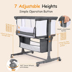 Ezebaby Bedside Bassinet for Baby, Portable Baby Bassinet Bedside Sleeper for Newborn Infants with Wheels Storage Basket, Adjustable 7 Heights and All Mesh Sides