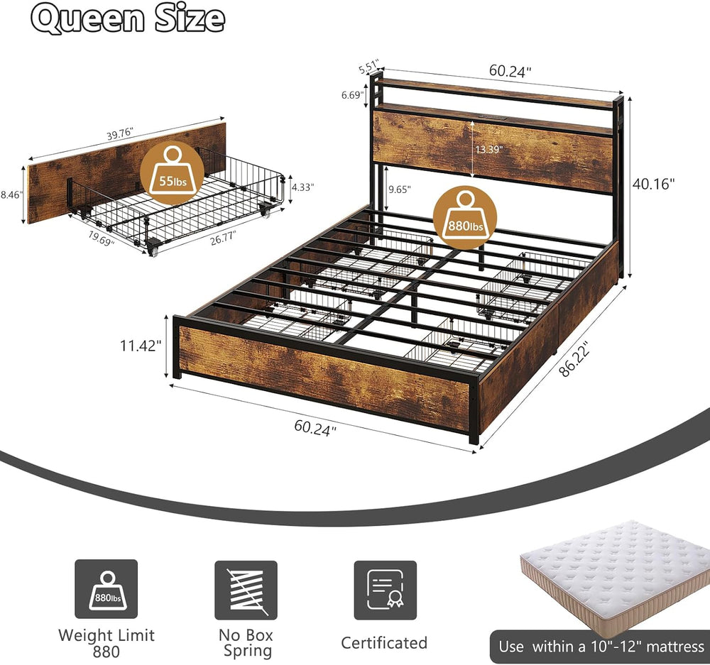 VINGLI Queen Bed Frame with 4 Storage Drawers and Headboard, Metal Platform P...