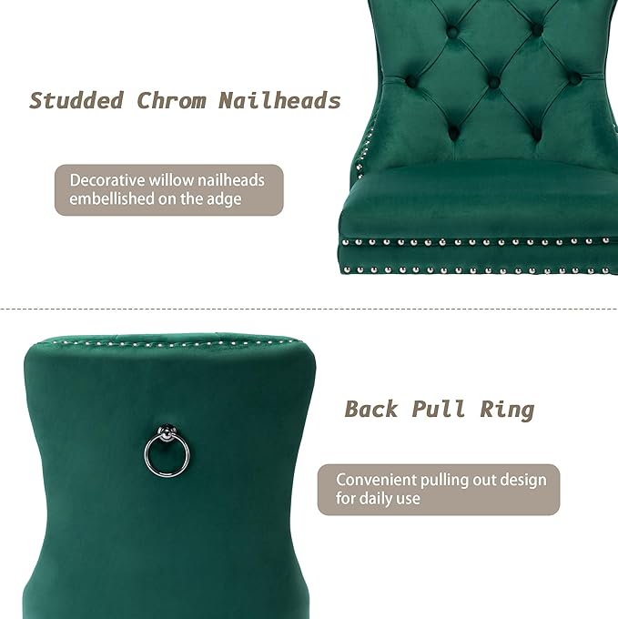 KCC Velvet Dining Chairs Set of 2, Upholstered High-end Tufted Dining Room Chair with Nailhead Back Ring Pull Trim Solid Wood Legs, Nikki Collection Modern Style for Kitchen, Green