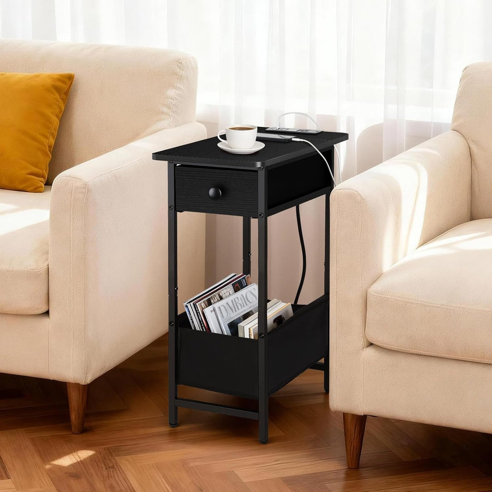 Long Narrow Side Tables Set of 2 with Charging Station, Slim Nightstand with ...
