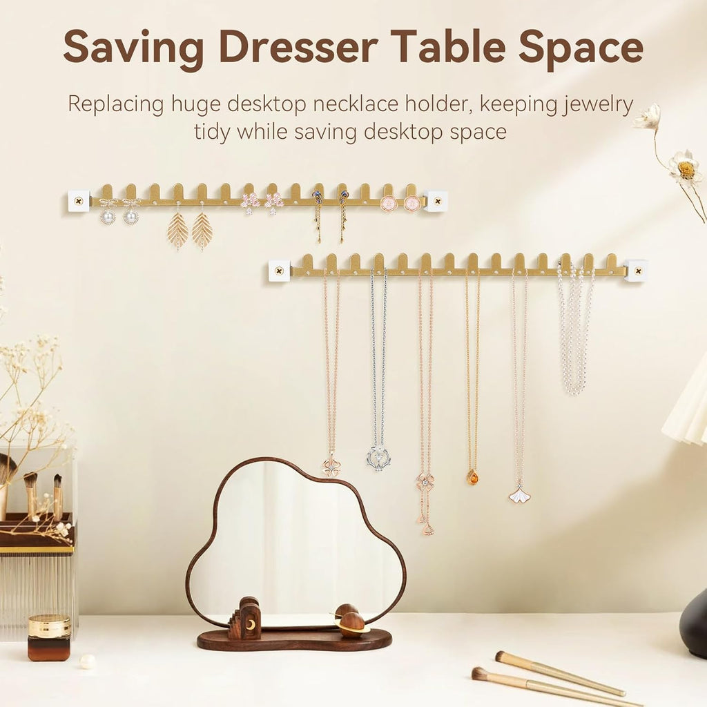 Wall Necklace Holder Hanging Jewelry Organizer 2 Pack Metal Necklace Organizer, Space-saving Jewelry Display for Necklaces & Earrings，Gold，Screws Included