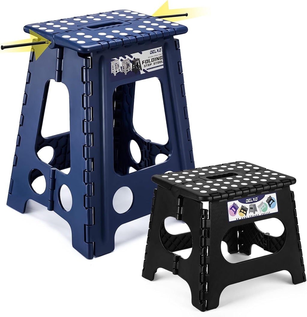 Delxo 17.5 Inch + 11 Inch Folding Step Stool, Foldable Stool for Adults,Premium Portable Collapsible Plastic Step Stool,Non Slip Folding Stools for Kitchen Bathroom Bedroom (Blue + Black)