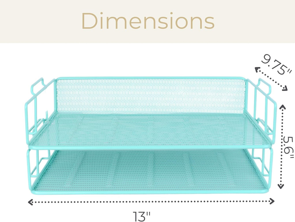BLU MONACO Aqua Mesh Paper Tray Set of 2 | Stackable Letter Trays for Desk Storage | Metal Document Holder and File Organizer for Home, Office and School | 13” x 9.8” x 5.6” Workspace Organizer