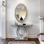 Oval-Shaped Silver Mirrored Console Table and Wall Mirror Set, 2 Piece Mirrored 39.37" Rectangle Sofa Table and 35.43" Crush Diamond Oval Wall Mirror Set for Entryway Hallway Entrance