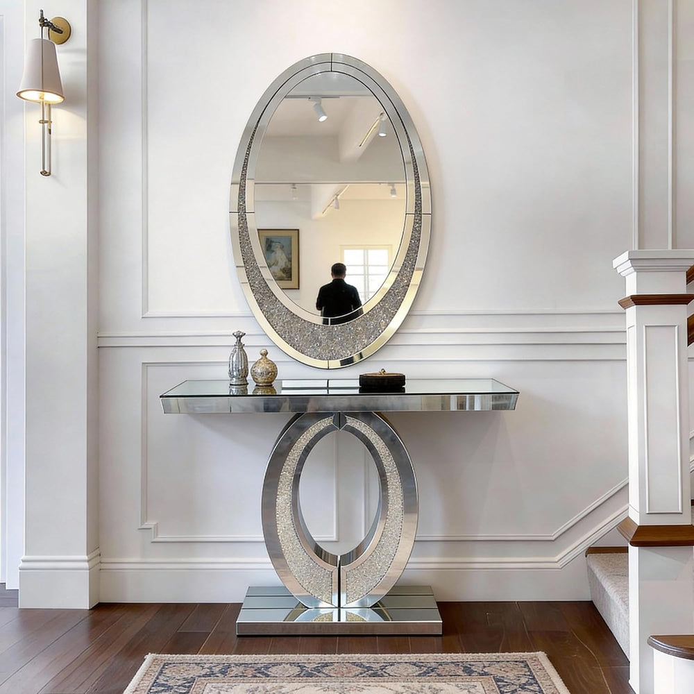 2 Piece Mirrored Console Table & Oval Wall Mirror Set, 39.5" Silver ...
