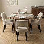 keoni Wooden Dining Chairs Set of 6, Mid Century Modern Upholstered Dining Room Chairs with Black Wood Legs, Fabric Farmhouse Kitchen Chairs with Foot Pegs for Dining Room, Beige